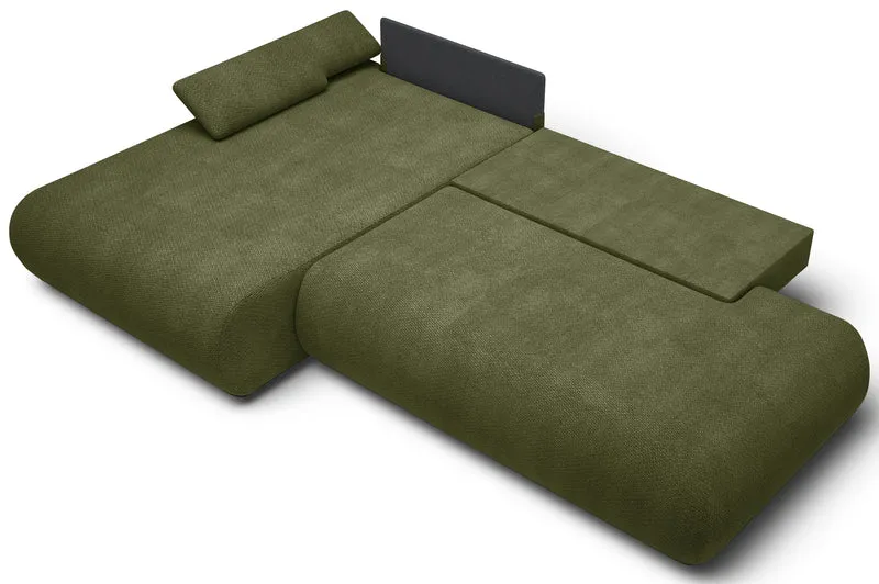 Ecksofa mit Schlaffunktion Armone, L-förmig, linksseitig, olivgrüner Chenillestoff