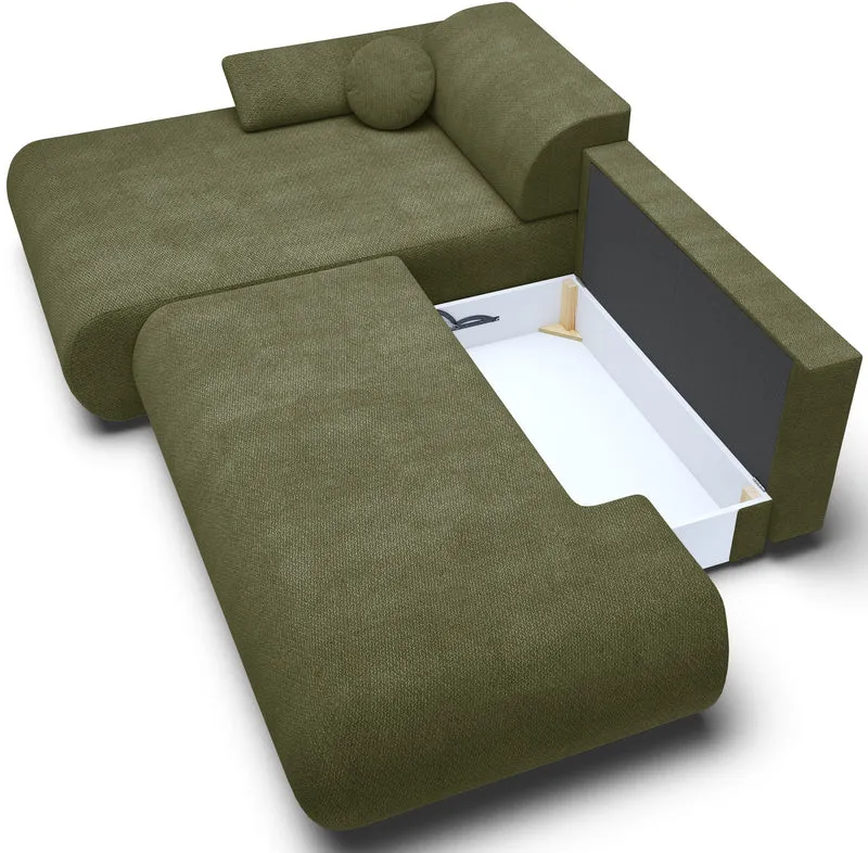 Ecksofa mit Schlaffunktion Armone, L-förmig, linksseitig, olivgrüner Chenillestoff