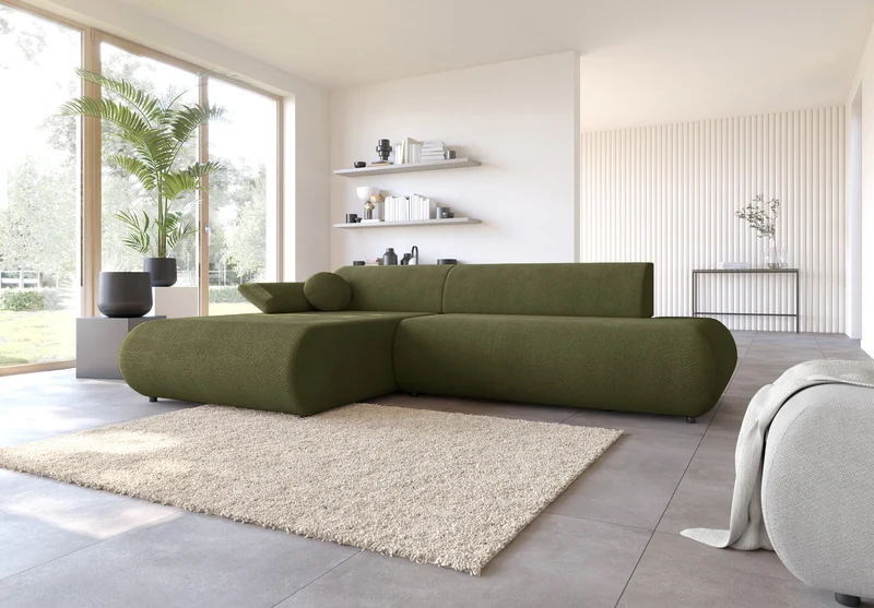 Ecksofa mit Schlaffunktion Armone, L-förmig, linksseitig, olivgrüner Chenillestoff