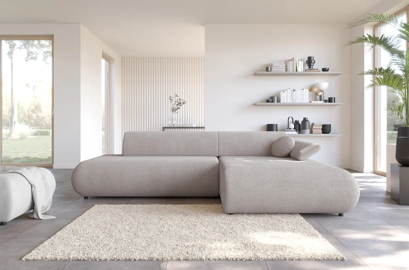 Ecksofa mit Schlaffunktion Armone, L-förmig, rechtsseitig, hellgrauer Chenille-Stoff