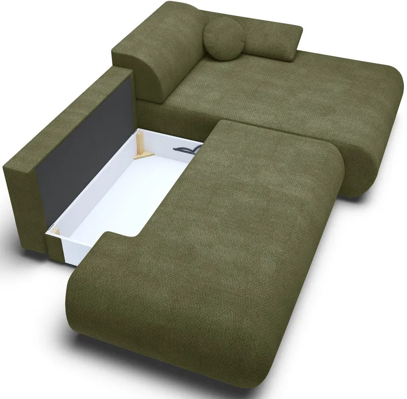 Ecksofa mit Schlaffunktion Armone, L-förmig, rechtsseitig, olivgrüner Chenille-Stoff