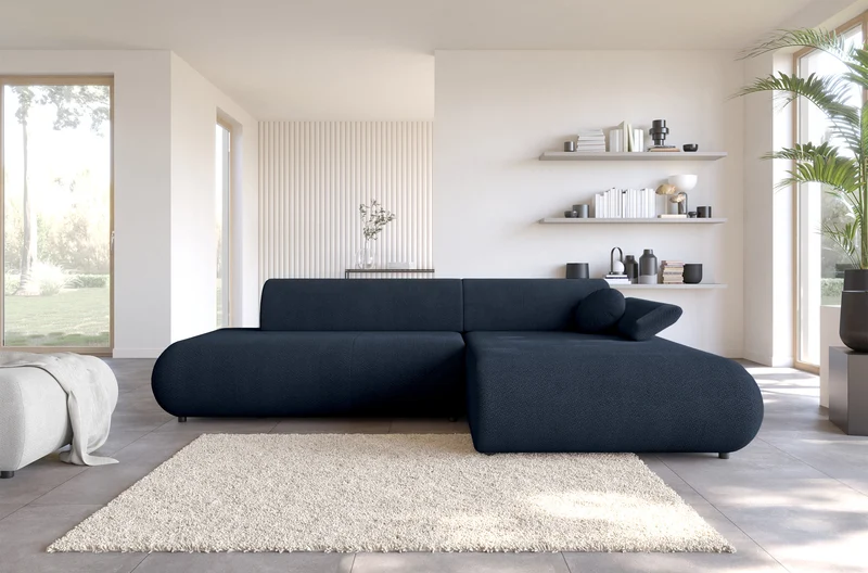 Ecksofa mit Schlafunktion Armone, L-förmig, rechtsseitig, marineblauer Chenille-Stoff