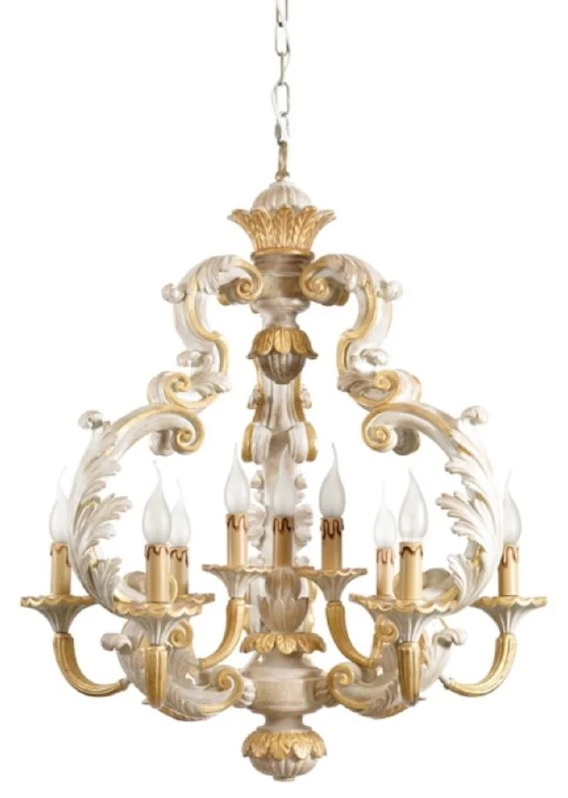 Casa Padrino Luxus Barock Kronleuchter Weiß / Grau / Gold Ø 70 x H. 83 cm - Prunkvoller Barockstil Wohnzimmer Kronleuchter - Edel & Prunkvoll - Luxus Qualität - Made in Italy