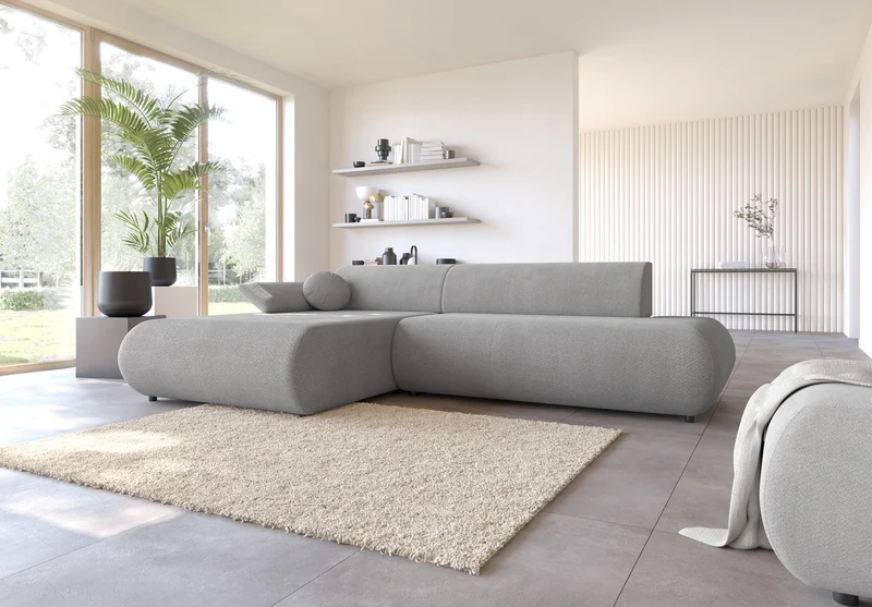 Ecksofa mit Schlaffunktion Armone, L-förmig, linksseitig, grauer Chenille-Stoff