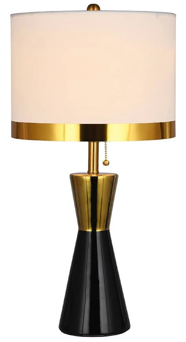 Casa Padrino Luxus Keramik Tischleuchte Schwarz / Gold / Weiß Ø 30 x H. 60 cm - Runde Keramik Schreibtischleuchte mit Lampenschirm - Luxus Keramik Leuchten