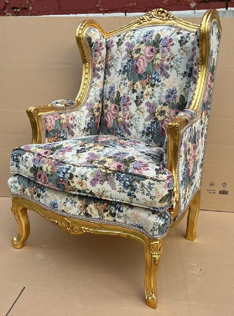 Casa Padrino Barock Ohrensessel Mehrfarbig / Gold - Handgefertigter Antik Stil Wohnzimmer Sessel mit Blumenmuster - Antik Stil Möbel - Barock Wohnzimmer Möbel